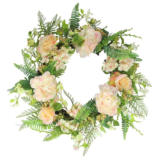 24" Pink & Green Rose & Peony Floral Artificial Spring Wreath